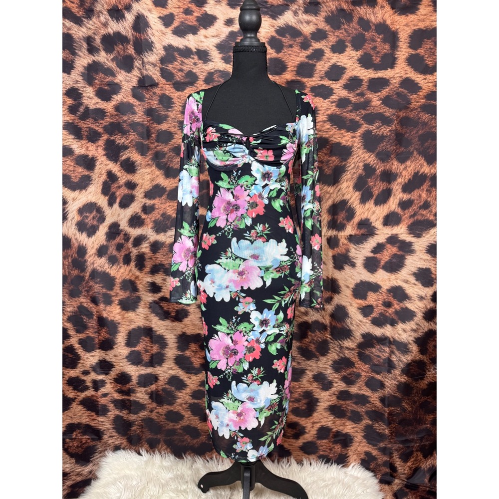 Dee Elly Floral Mesh Long Sleeve Sweetheart Halter Neckline Midi Dress
